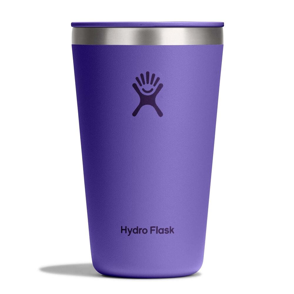 Purple Hydro Flask insulated tumbler with matching lid, brushed stainless steel rim, small sip opening, matte finish, and Hydro Flask logo on front.